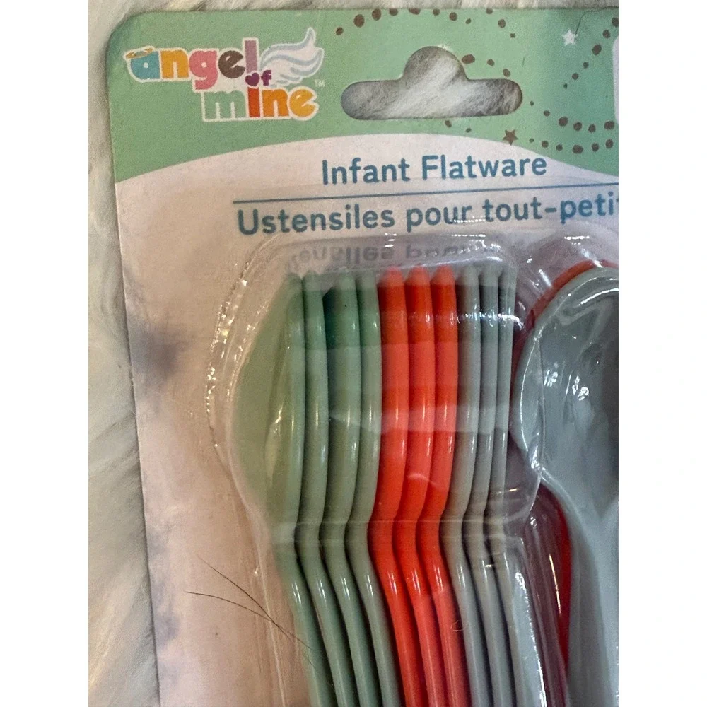 Angel of Mine Infant Flatware 12 Piece BPA Free Plastic Spoons Green Orange Grey
